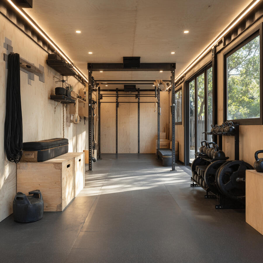 Foundry Cube Backyard Gym – Interior CrossFit Design Interior of Foundry Cube backyard shipping container gym with CrossFit setup: rubber flooring, squat rack, barbells, bumper plates, plyo boxes, and kettlebells under bright LED lighting.