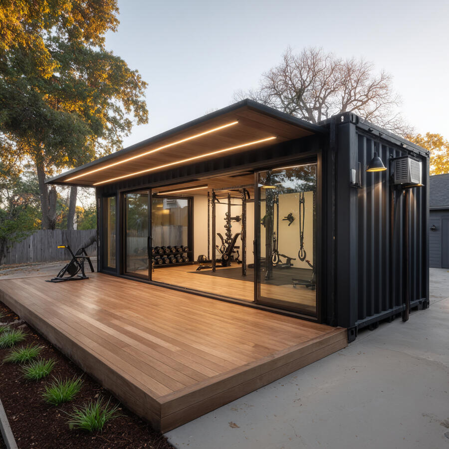 Foundry Cube Backyard Shipping Container Gym – Exterior View Exterior of a 20ft High Cube shipping container gym called Foundry Cube, matte black with large windows and bay doors open onto a backyard deck, showing CrossFit equipment inside.